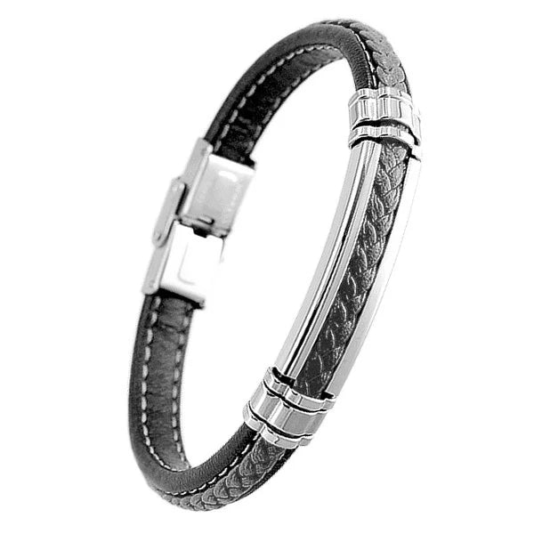 Bracelet Homme Acier 316 Argenté & Cuir Tressé Noir – 21 cm