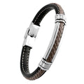 Bracelet Homme Acier 316 Argenté & Cuir Tressé Noir & Marron – 21 cm
