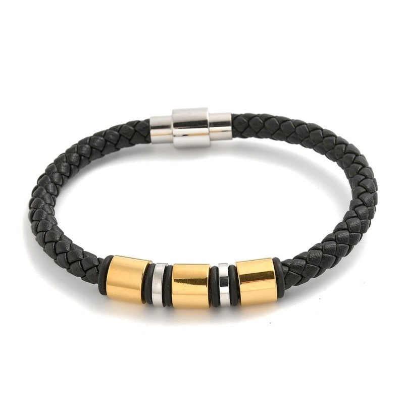 Bracelet Cuir Tressé & Acier Inoxydable Bicolore – Or & Argenté