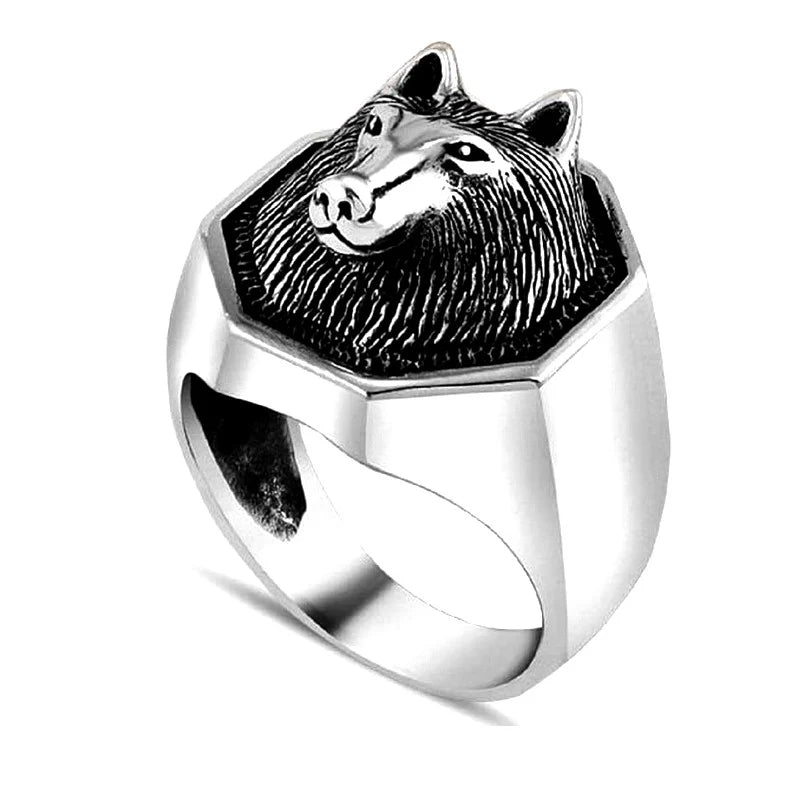 Bague Chevalière Tête de Loup Argentée | Acier Inoxydable