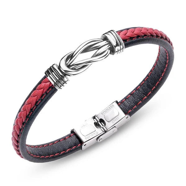 Bracelet Homme Acier Inoxydable & Cuir Tressé Rouge – 21 cm