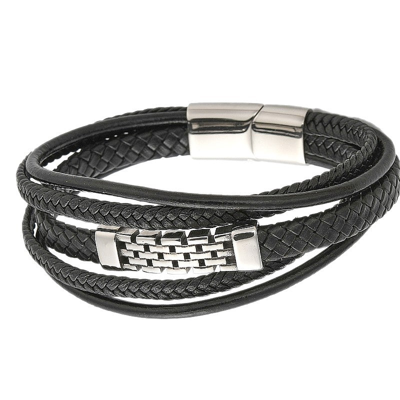 Bracelet Cuir Tressé & Acier Inoxydable – Design Épuré 22 cm