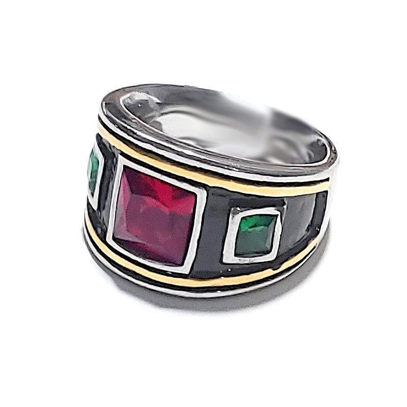 Bague Chevalière Acier Inoxydable – Cristaux Rouge & Vert