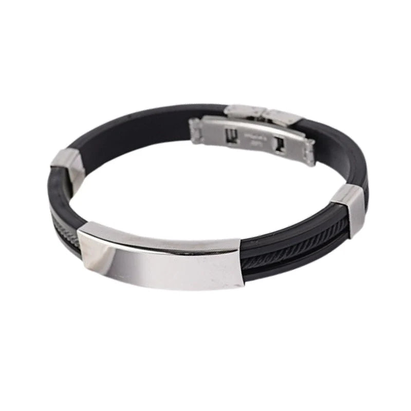 Bracelet Acier Inoxydable, Cuir & Cordon Noir – Style Rock 20 cm