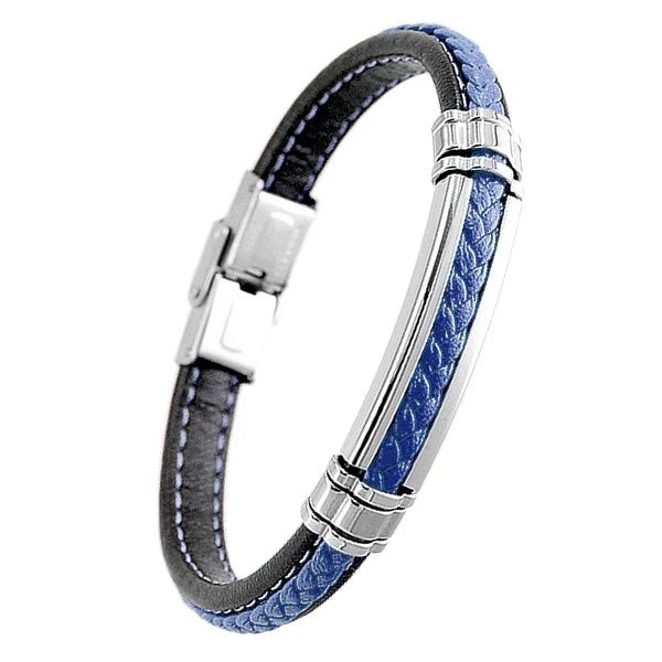 Bracelet Homme Acier 316 Argenté & Cuir Tressé Noir & Bleu – 21 cm