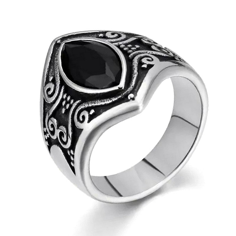 Bague Chevalière Ovale Argentée & Noire | Acier Inoxydable
