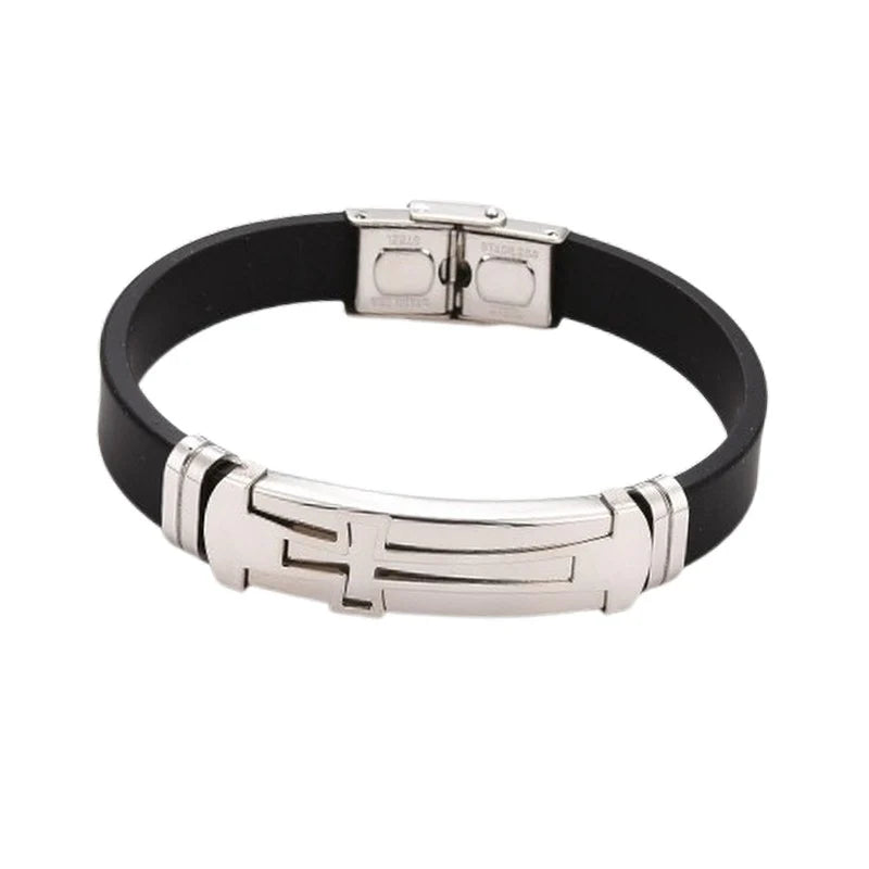 Bracelet Acier Inoxydable & Cuir Noir – Croix en Relief 20 cm