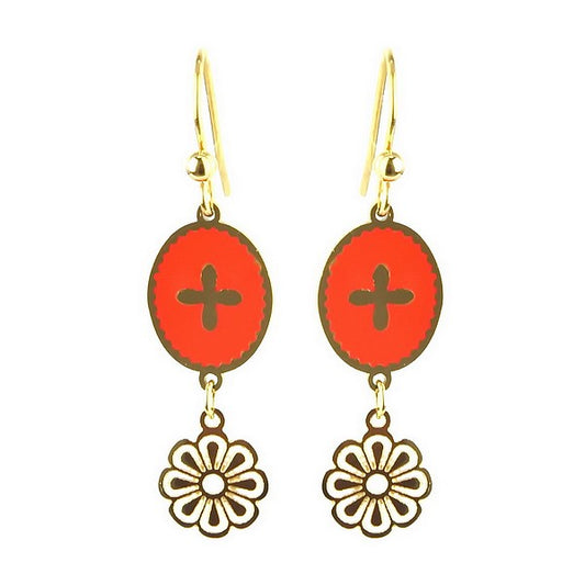 Boucles d'oreilles Tombantes Acier Inoxydable Émail Orange & Chaînette