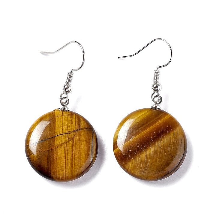 Boucles d'oreilles Pendantes Acier Inoxydable & Œil de Tigre – Pierre Naturelle Ronde