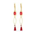Boucles d'Oreilles Pendantes Acier Pompon & Gemme Rouge Naturelle