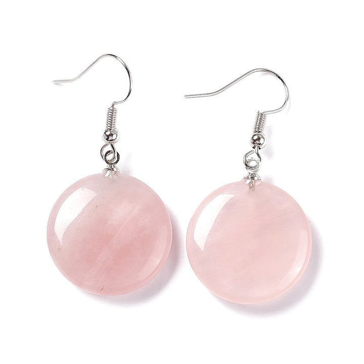 Boucles d'oreilles Pendantes Acier Inoxydable & Quartz Rose – Pierre Naturelle Ronde