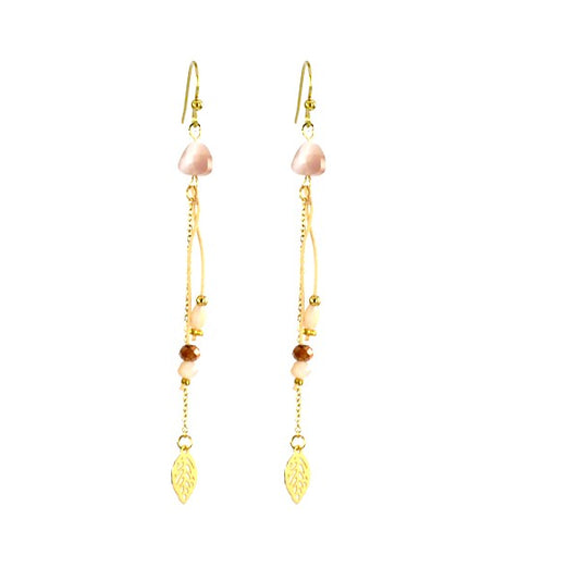 Boucles d'Oreilles Pendantes Acier & Gemme Beige – Femme
