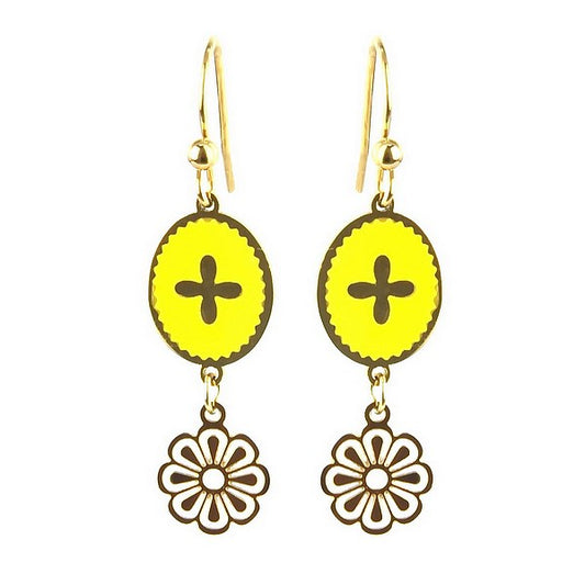 Boucles d'oreilles Tombantes Acier Inoxydable Émail Jaune & Chaînette