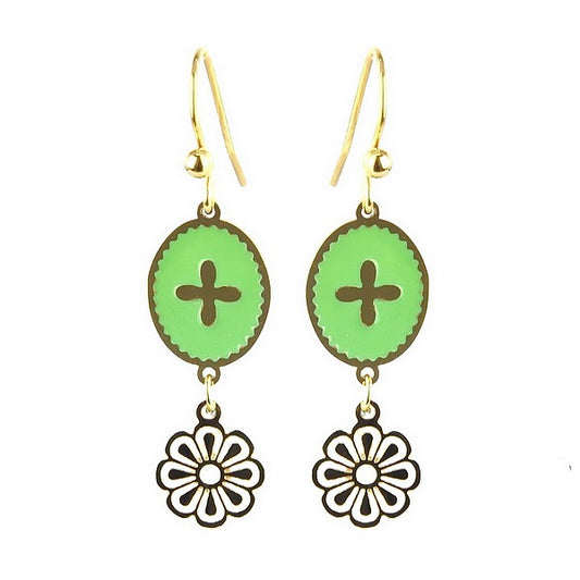 Boucles d'oreilles Tombantes Acier Inoxydable Émail Vert & Chaînette