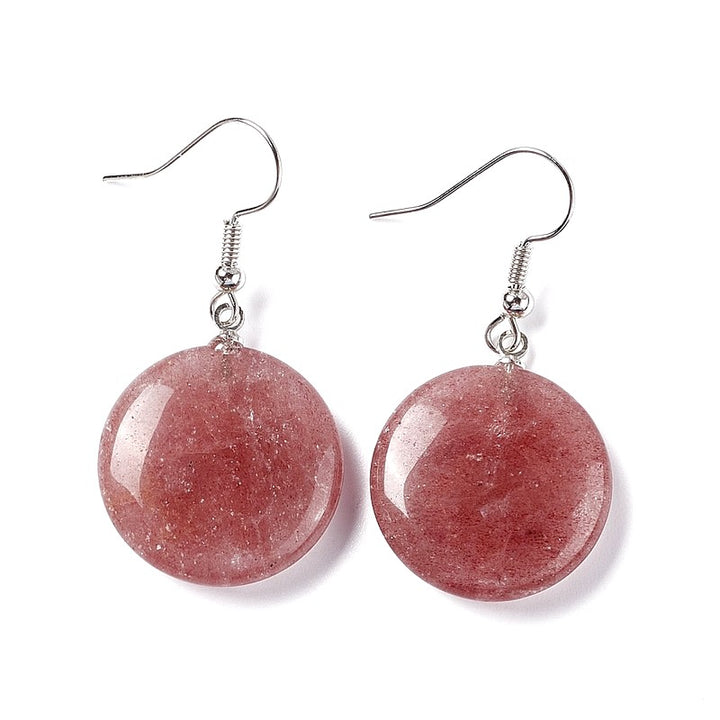 Boucles d'oreilles Pendantes Acier Inoxydable & Quartz Fraise – Pierre Naturelle Ronde