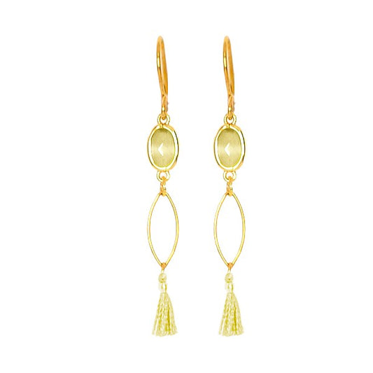 Boucles d'Oreilles Pendantes Acier Pompon & Gemme Beige Naturelle