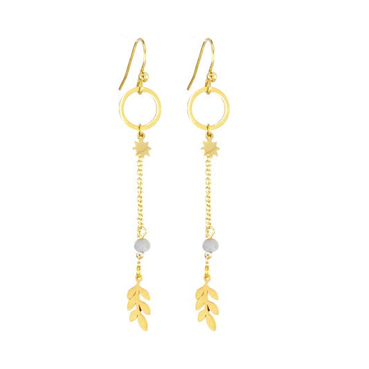 Boucles d'Oreilles Pendantes Acier Étoile & Feuille Gemme Grise – Femme