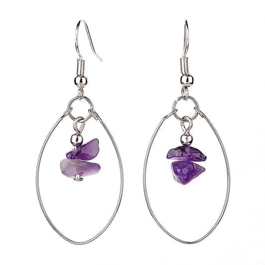 Boucles d'oreilles Tombantes Laiton Pierre Naturelle Améthyste Ovale