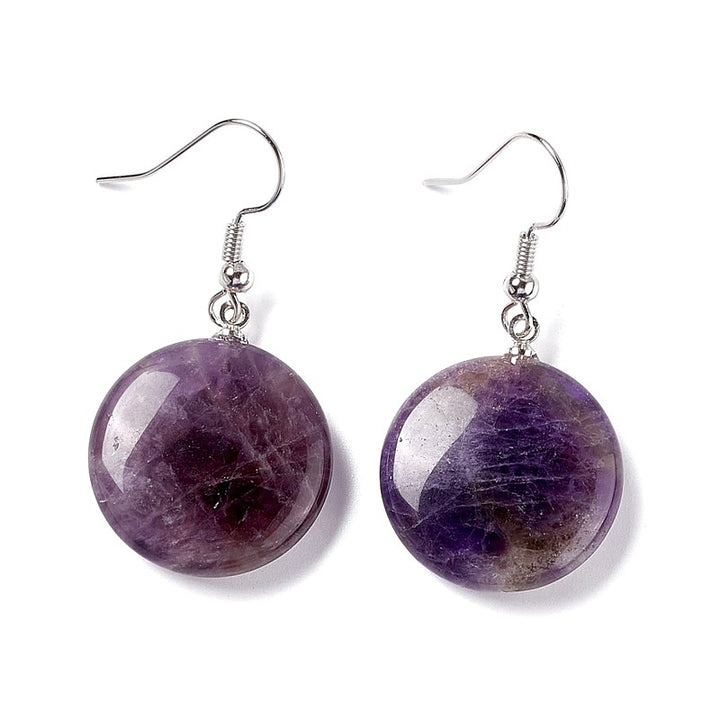 Boucles d'oreilles Pendantes Acier Inoxydable & Améthyste – Pierre Naturelle Ronde