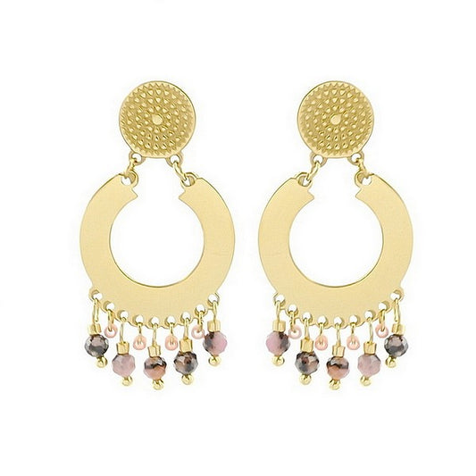 Boucles d'oreilles Tombantes Cercle Acier Inoxydable & Pierres Agate Rouge