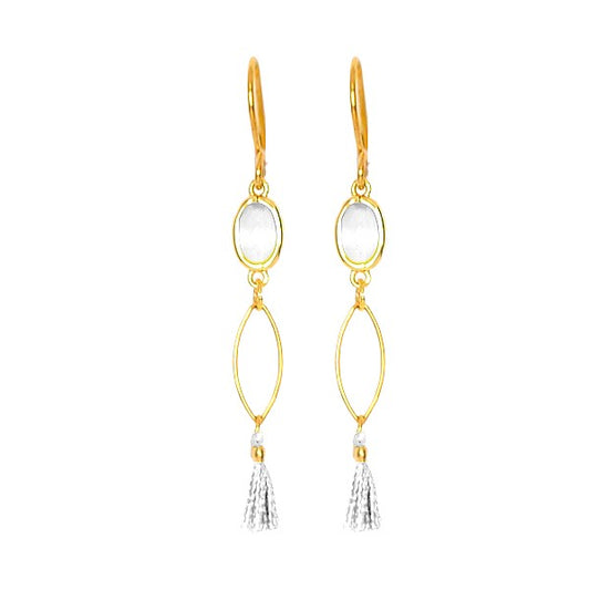 Boucles d'Oreilles Pendantes Acier Pompon & Gemme Blanche Naturelle
