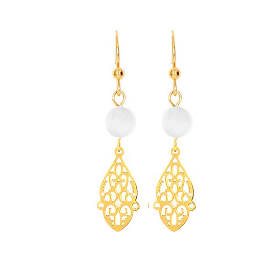 Boucles d'Oreilles Pendantes Acier Style Oriental & Gemme Blanche Naturelle