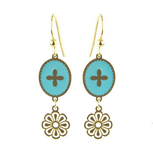 Boucles d'oreilles Tombantes Acier Inoxydable Émail Bleu & Chaînette