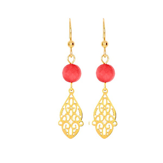 Boucles d'Oreilles Pendantes Acier Style Oriental & Gemme Rouge Naturelle