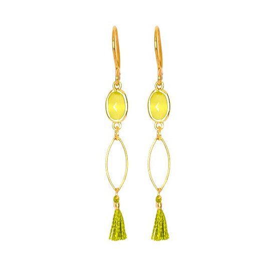 Boucles d'Oreilles Pendantes Acier Pompon & Gemme Verte Naturelle