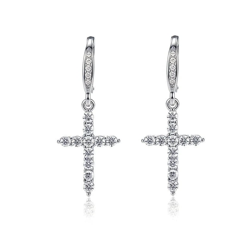 Boucles d'Oreilles Croix Zirconiums Sertis – Argent 925 Massif