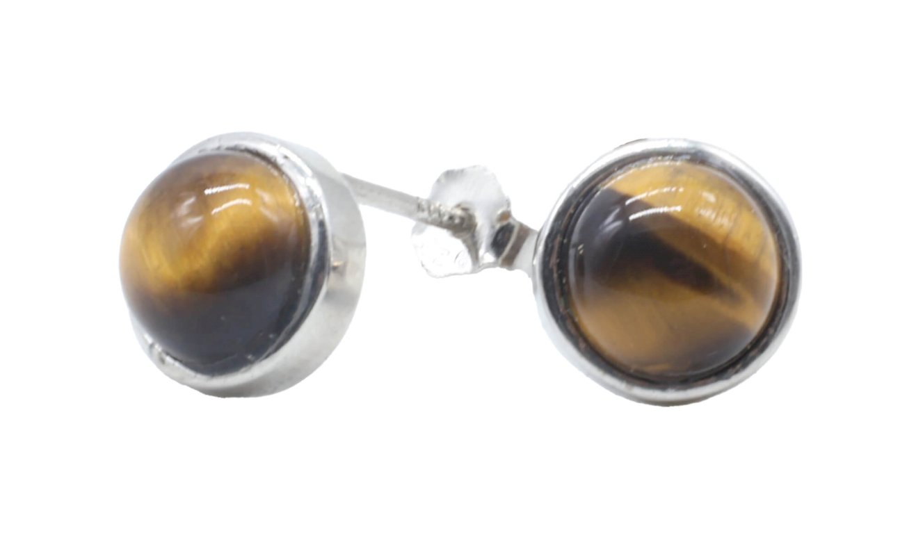 Boucles d'oreilles Argent 925 Œil de Tigre ronde polie