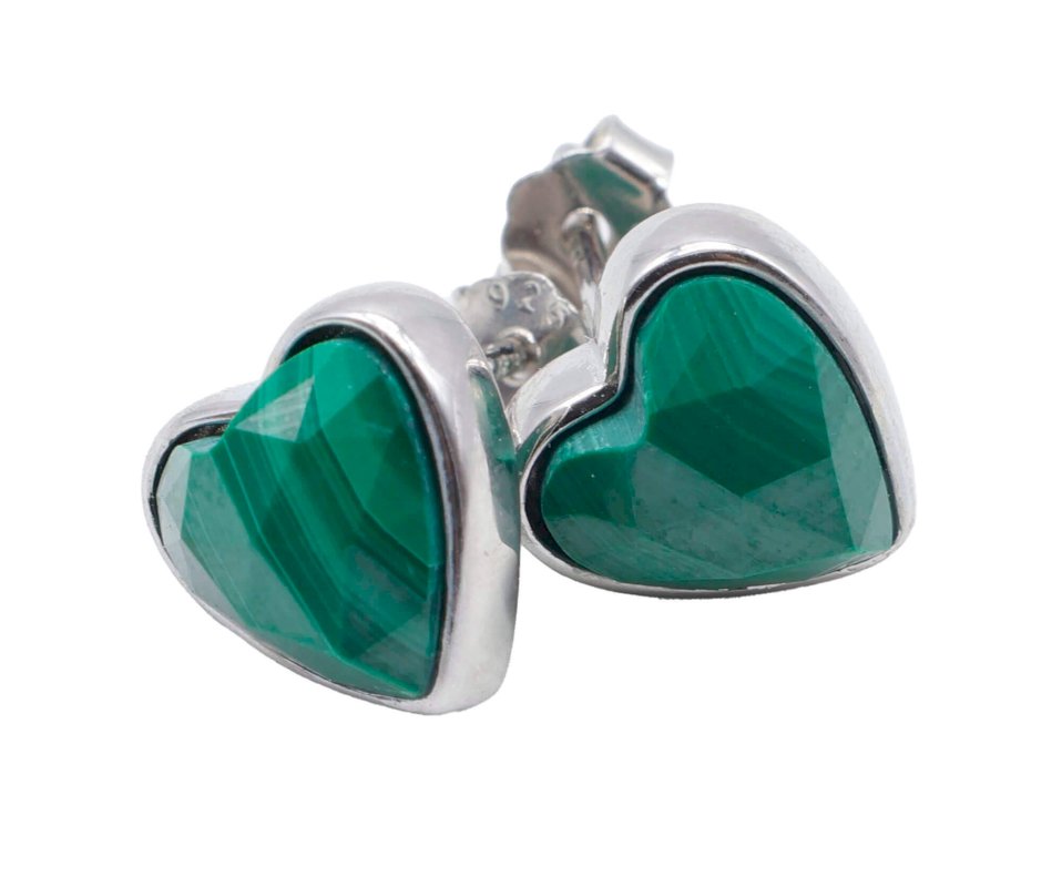 Boucles d'Oreilles Argent 925 Poinçon | Malachite Naturelle Forme Cœur – Transformation, Courage & Amour Vert