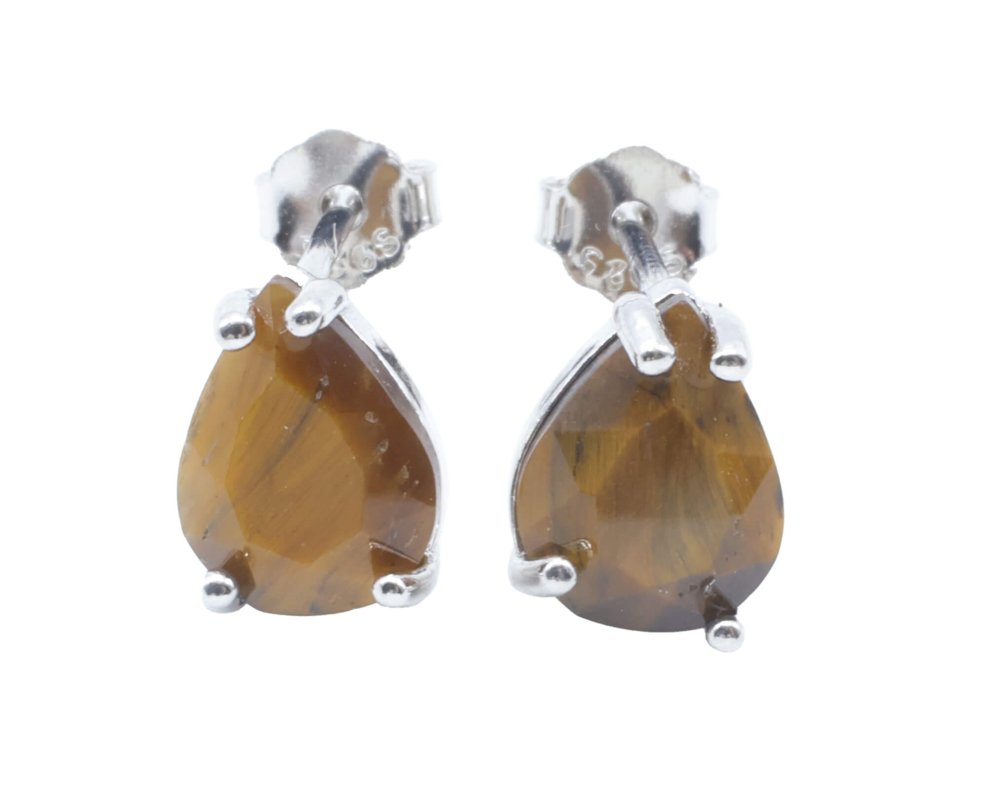 Boucles d'Oreilles Argent 925 Poinçon | Œil de Tigre Naturel Taille Larme – Confiance & Éclat Doré