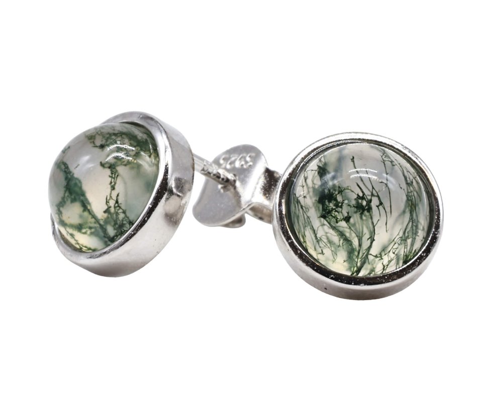 Boucles d'oreilles Argent 925 Agate Mousse Ronde Polie