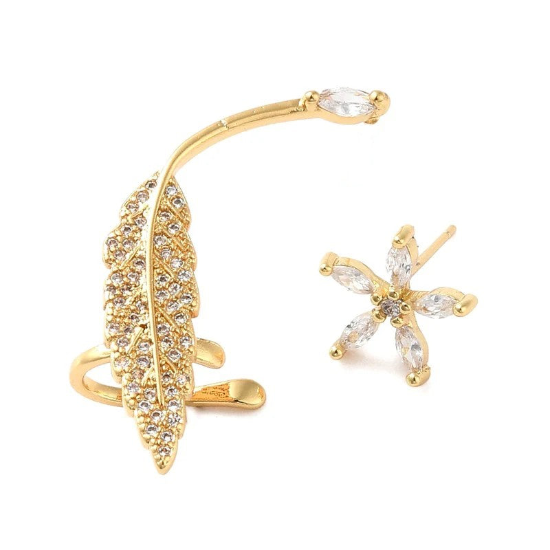 Boucles d'Oreilles Fleurs & Feuilles Zirconiums – Élégance Dorée