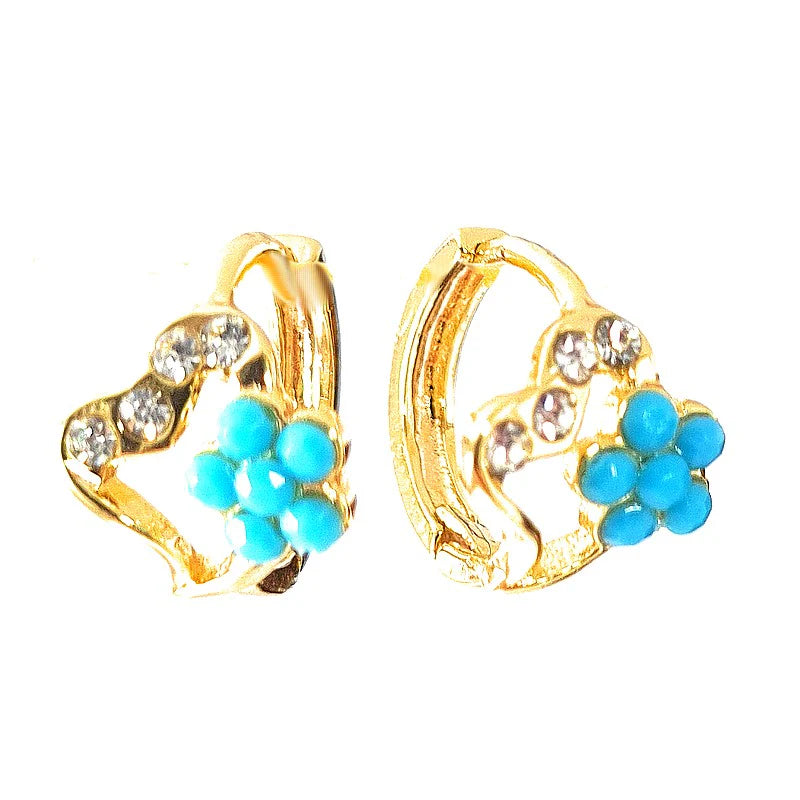 Boucles d'Oreilles Cœur Fleur Bleu – Plaqué Or 1 Micron