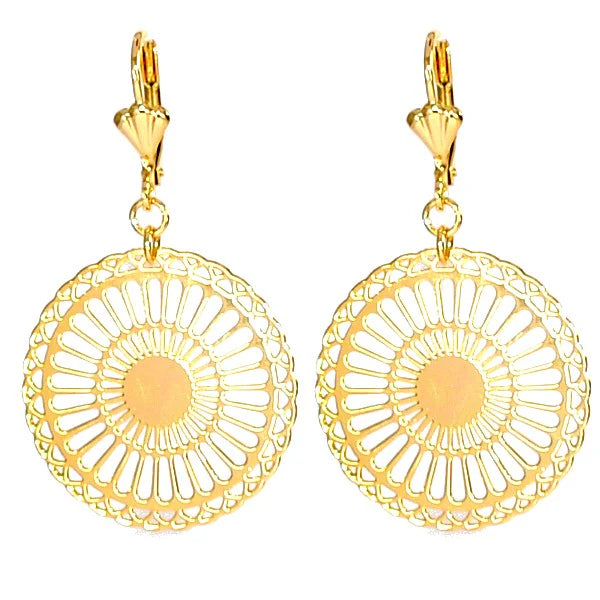 Boucles d'Oreilles Tombantes Rosace Filigrane Soleil – Plaqué Or 1 Micron