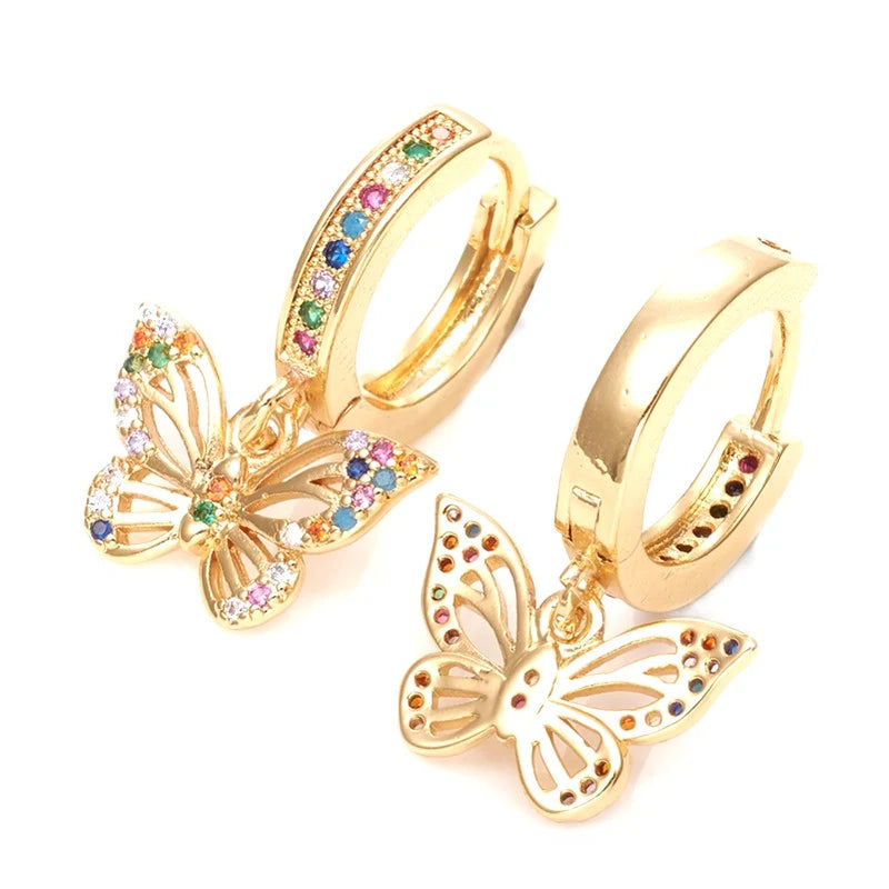 Boucles d'Oreilles Créoles Papillon – Diamants CZ Multicolores | Plaqué Or