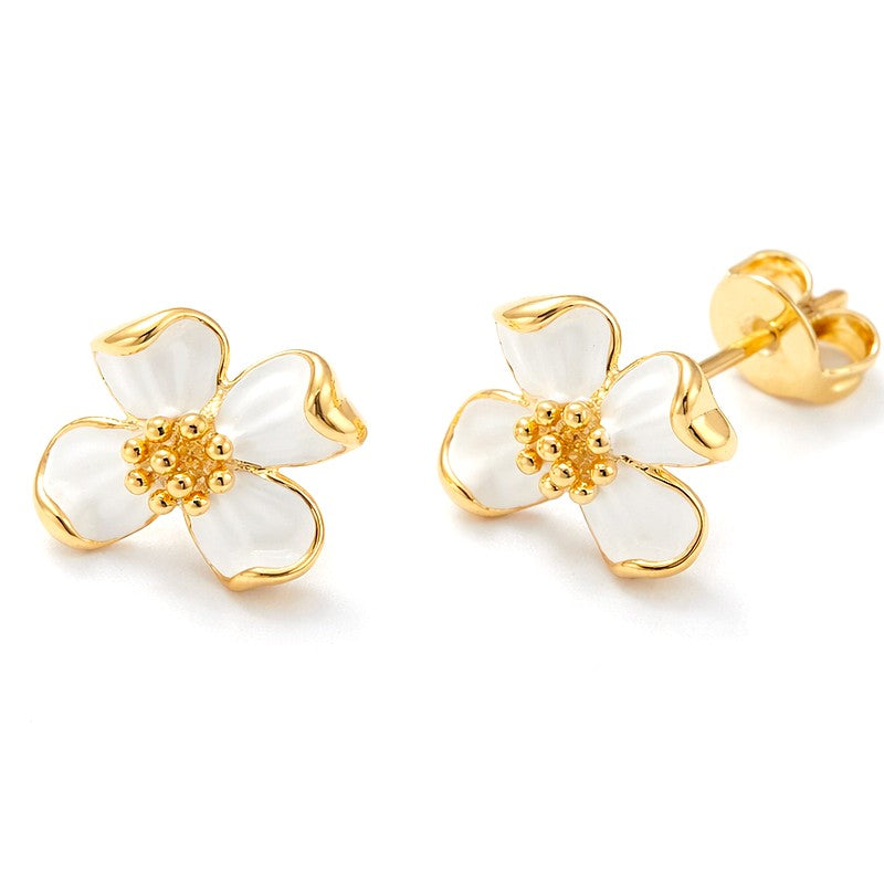 Puces Fleur Émail Blanc & Or Fin — Élégance Intemporelle