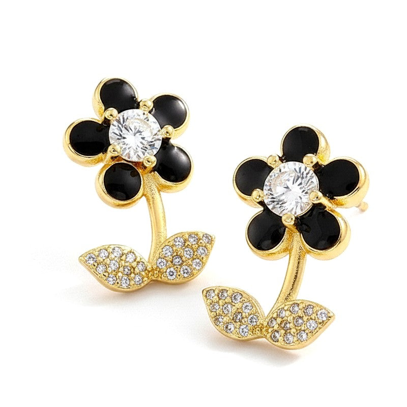 Boucles d'Oreilles Florales Émail Noir & Dorure Or Fin — Élégance Intemporelle