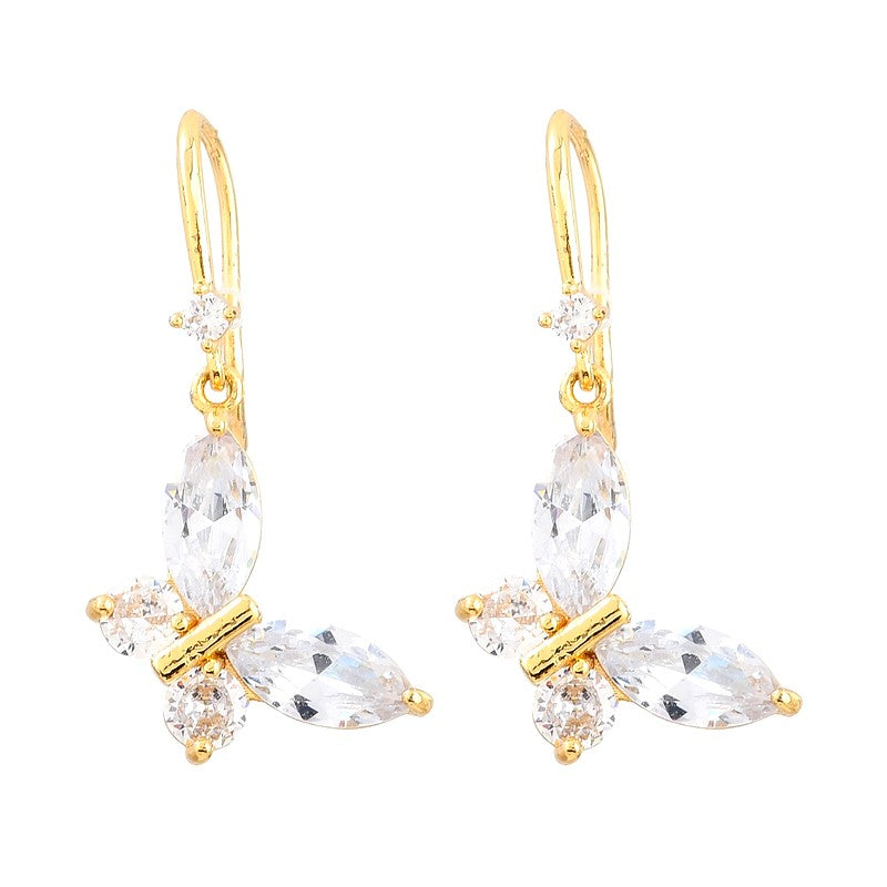 Boucles d'Oreilles Tombantes Papillon – Plaqué Or & Oxydes Blanches