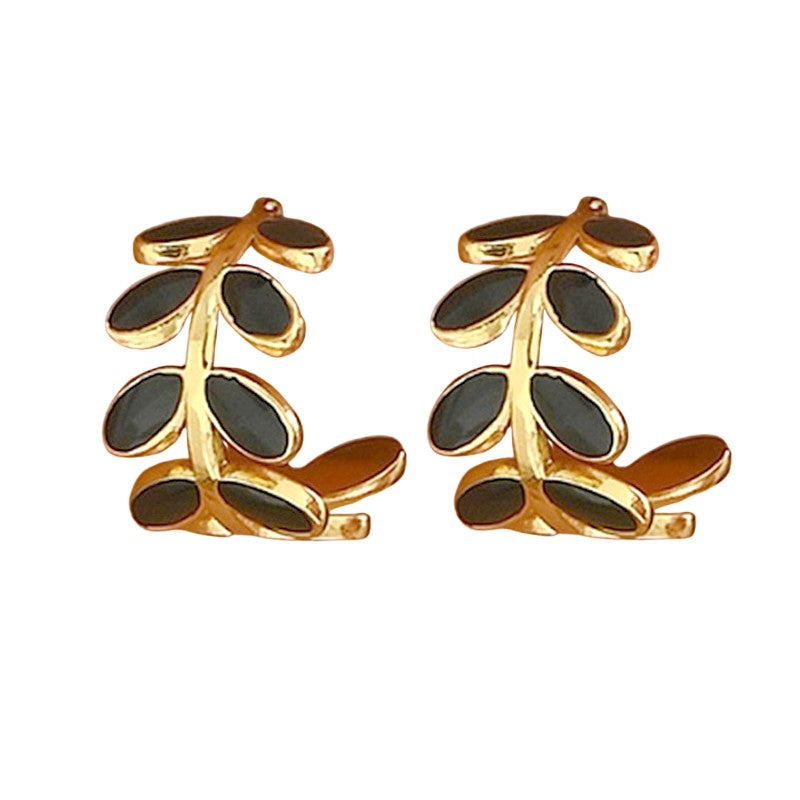 Boucles d'Oreilles Feuille Nacre Noir – Élégance Naturelle Dorée - Plaquage Or