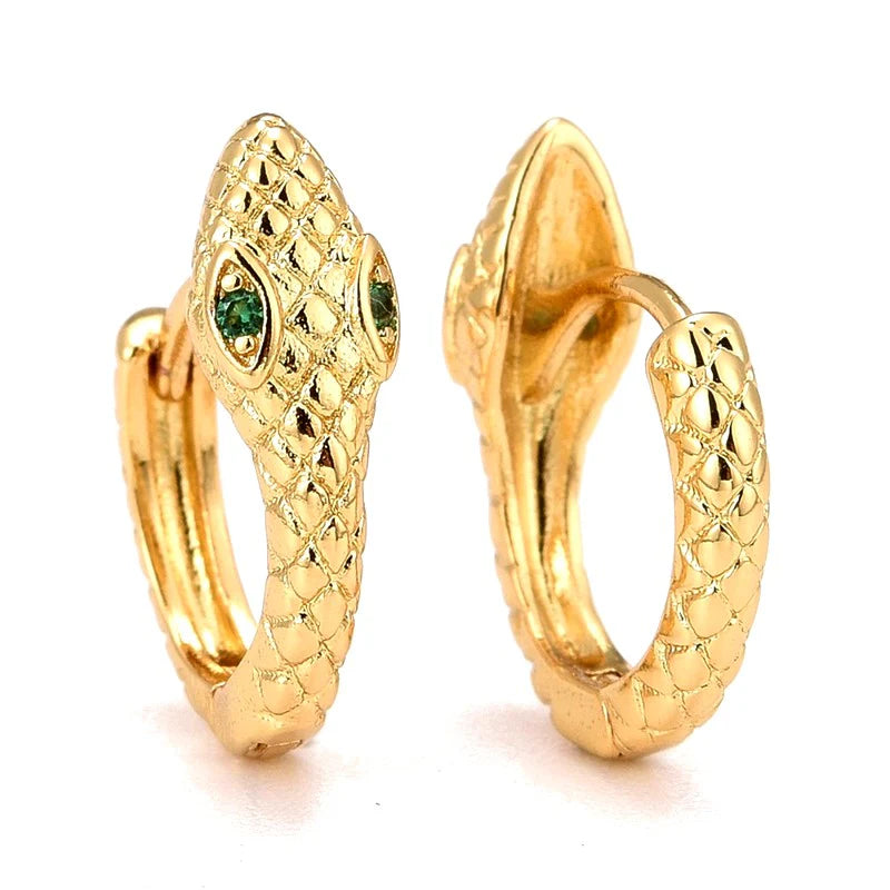 Boucles d'Oreilles Créoles Serpent Vert – Plaqué Or 1 Micron