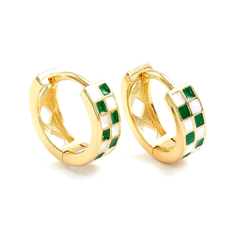 Créoles Damier Vert & Blanc – Dorées à l'Or Fin