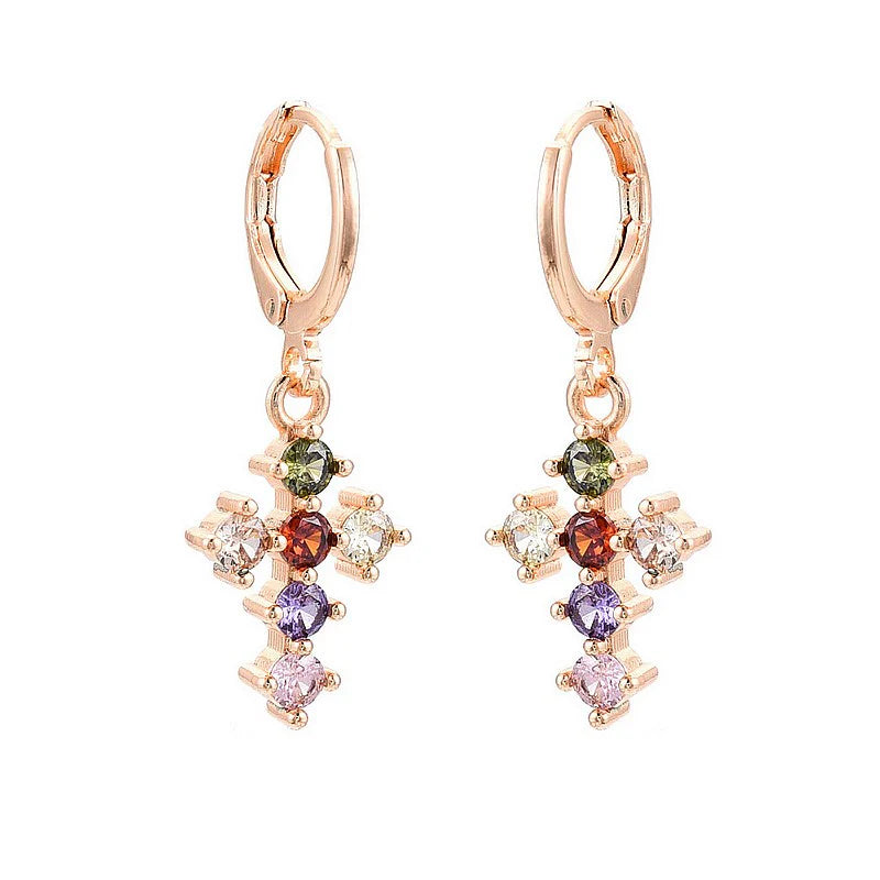 Boucles d'Oreilles Croix Zirconiums Multicolores – Plaqué Or Rose | Glamour & Élégance