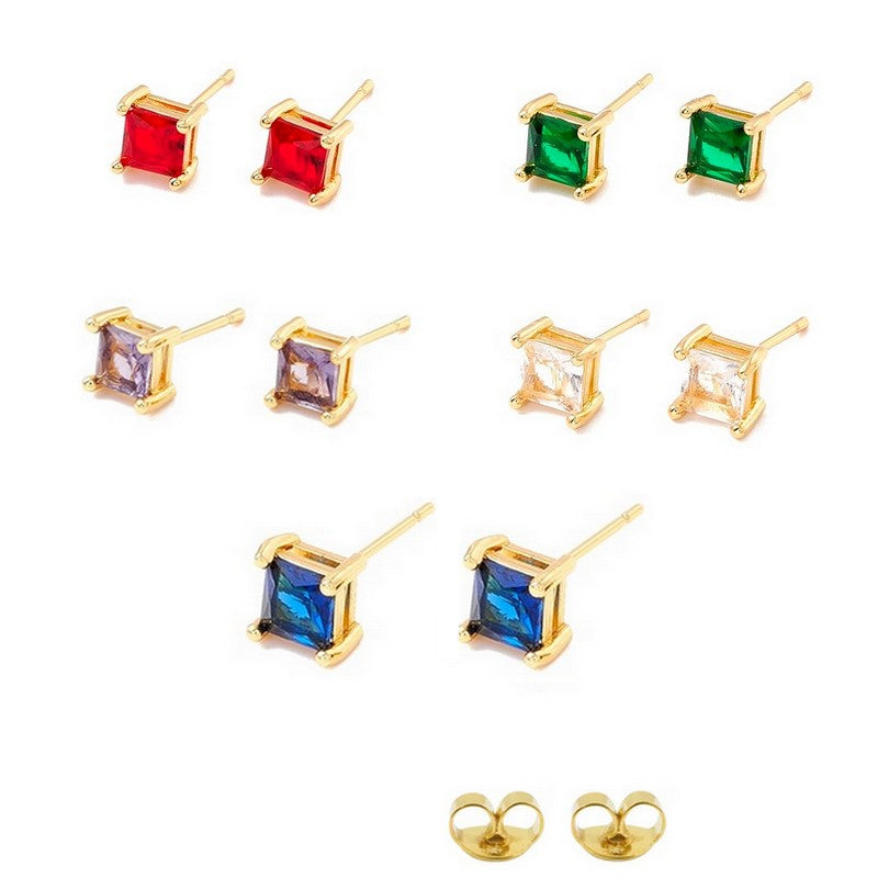 Puces d'Oreilles Carré Zircon CZ 5mm – Plaqué Or | 6 Coloris