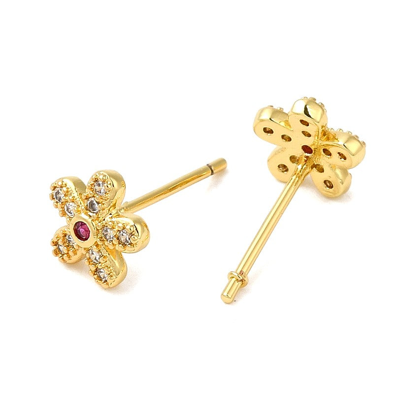 Boucles d'Oreilles Fleur Zirconium Rouge – Éclat & Élégance Dorée