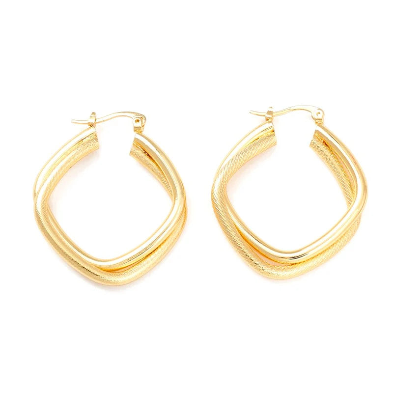 Boucles d'Oreilles Créoles Losanges Dorées – Élégance Géométrique 40mm
