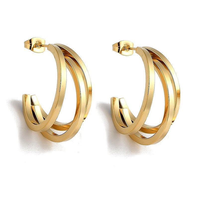 Créoles Dorées 3 Lignes | Boucles d'Oreilles Plaquées Or Femme 25×12 mm
