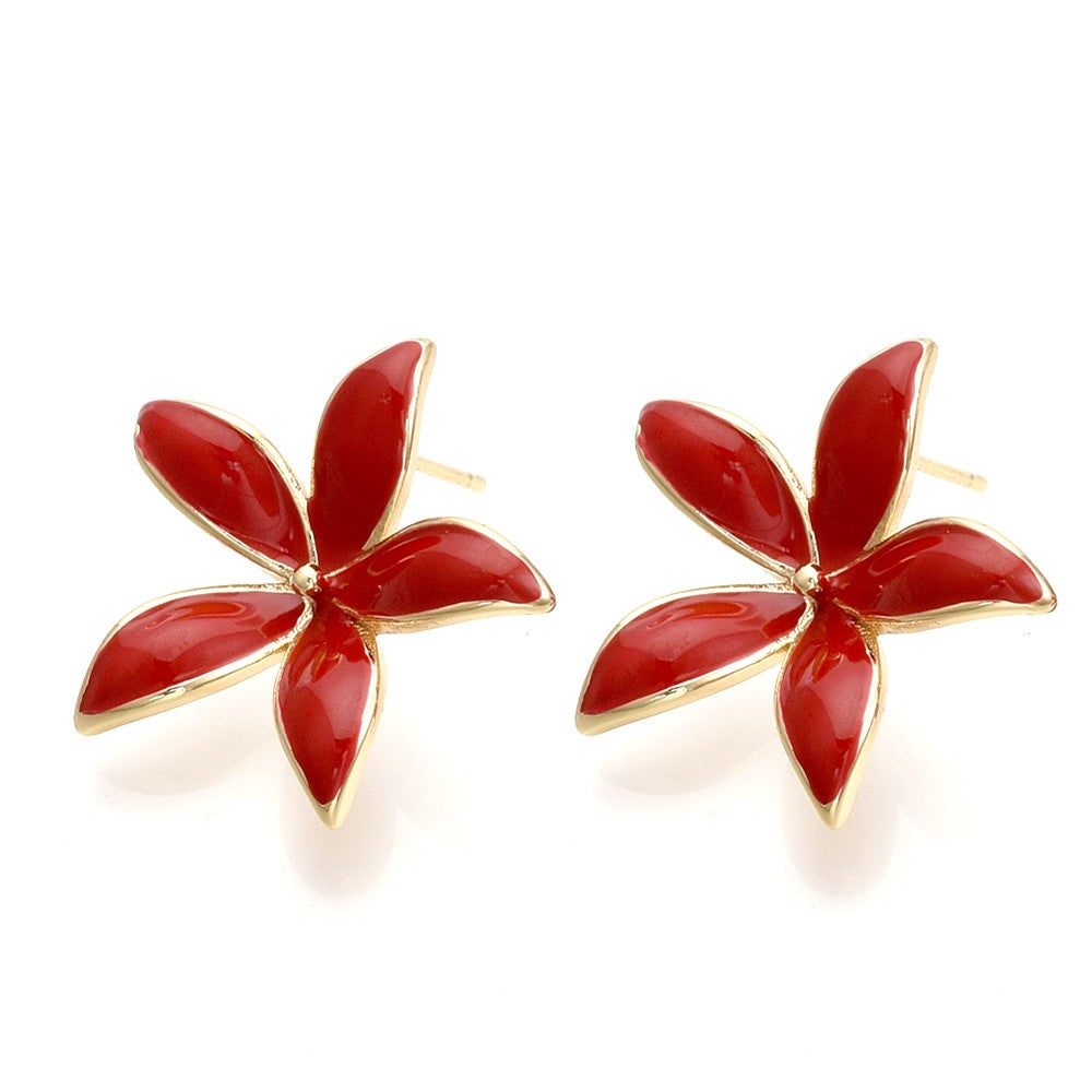 Boucles d'Oreilles Fleur en Nacre Rouge – Élégance Dorée